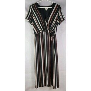 Everly Womens Size Medium Striped Dress Faux Wrap Red White Black Gold